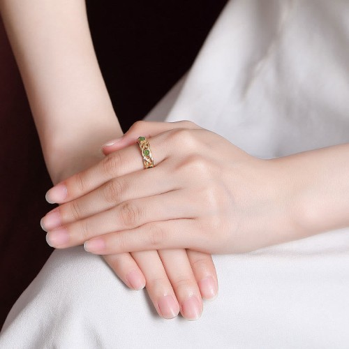 925 Sterling Silver Gold Braided Cyan Jade Ring