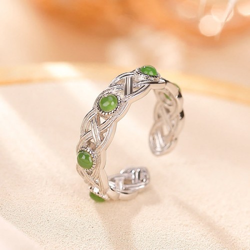 925 Sterling Silver Gold Braided Cyan Jade Ring