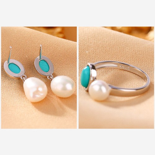 925 Sterling Silver Pearl Turquoise Healing Necklace Set
