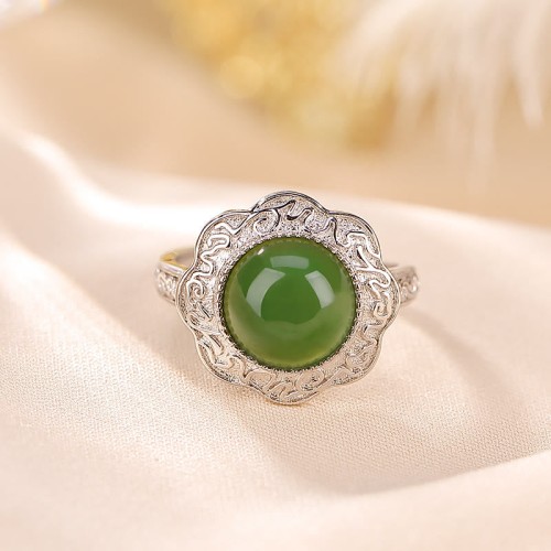 925 Sterling Silver Hetian Cyan Jade Flower Ring