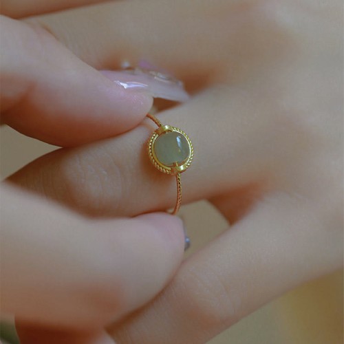 14K Gold Plated Round Jade Luck Ring
