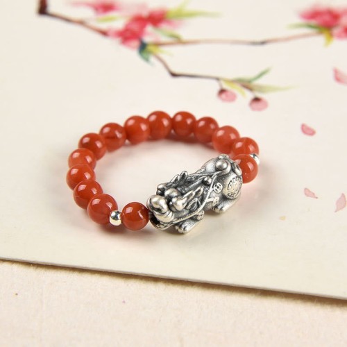 925 Silver Garnet, Moonstone, & PiXiu Wealth Ring 925 Silver Garnet, Moonstone, & PiXiu Wealth Ring
