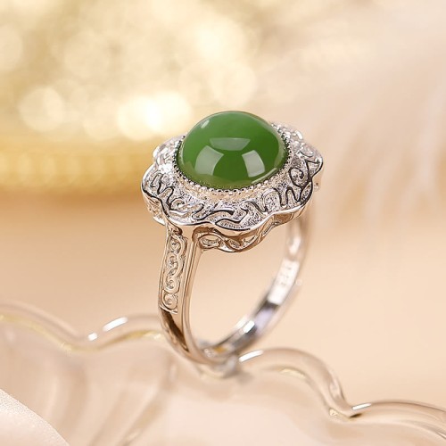 925 Sterling Silver Hetian Cyan Jade Flower Ring