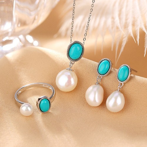 925 Sterling Silver Pearl Turquoise Healing Necklace Set