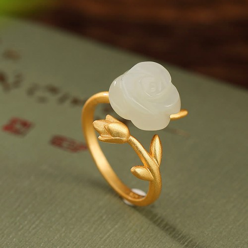 925 Sterling Silver Gold Rose Hetian Jade Happiness Ring 925 Sterling Silver Gold Rose Hetian Jade Happiness Ring