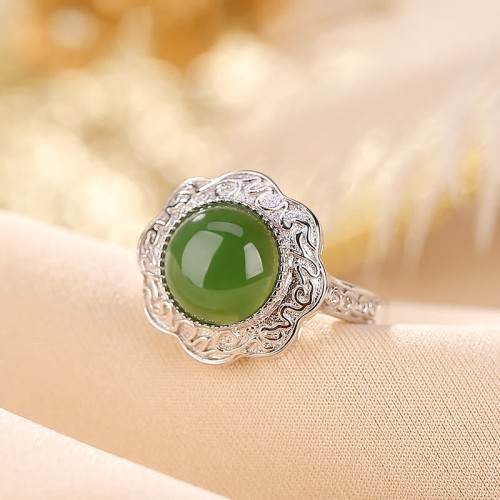 925 Sterling Silver Hetian Cyan Jade Flower Ring
