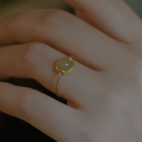 14K Gold Plated Round Jade Luck Ring