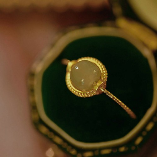 14K Gold Plated Round Jade Luck Ring