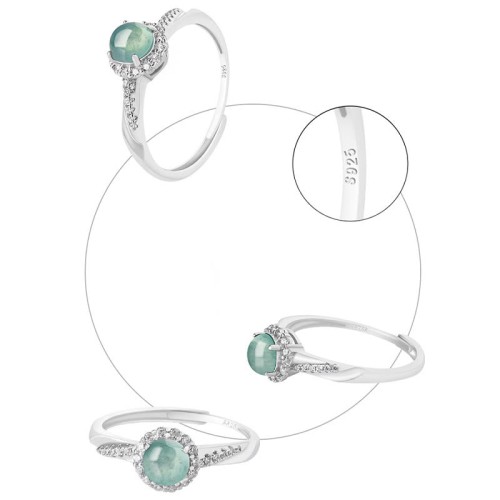 925 Sterling Silver Round Jade Luck Adjustable Ring