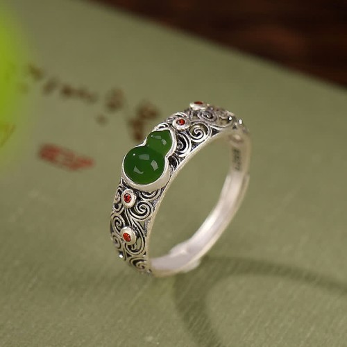 925 Silver Red Agate Cyan Jade Gourd Ring