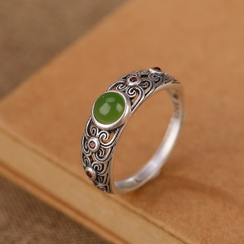 925 Silver Hetian Cyan Jade Harmony Ring