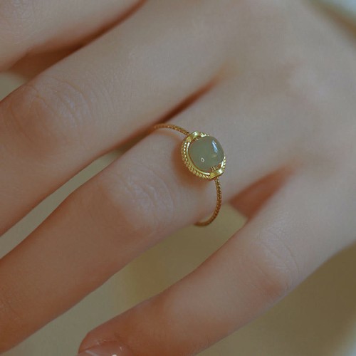 14K Gold Plated Round Jade Luck Ring