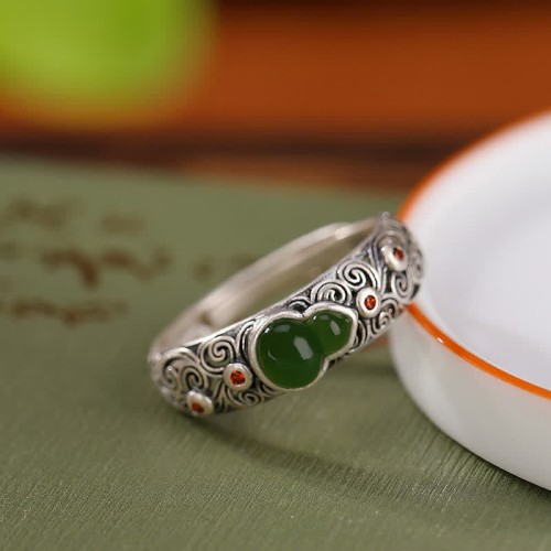 925 Silver Red Agate Cyan Jade Gourd Ring