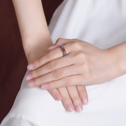 925 Silver Red Agate Cyan Jade Gourd Ring