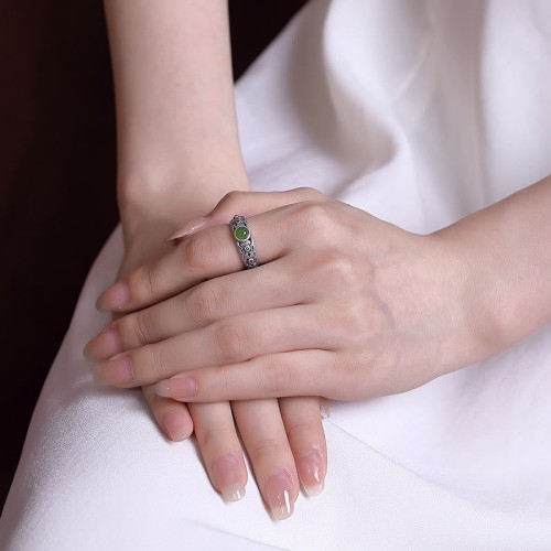 925 Silver Hetian Cyan Jade Harmony Ring