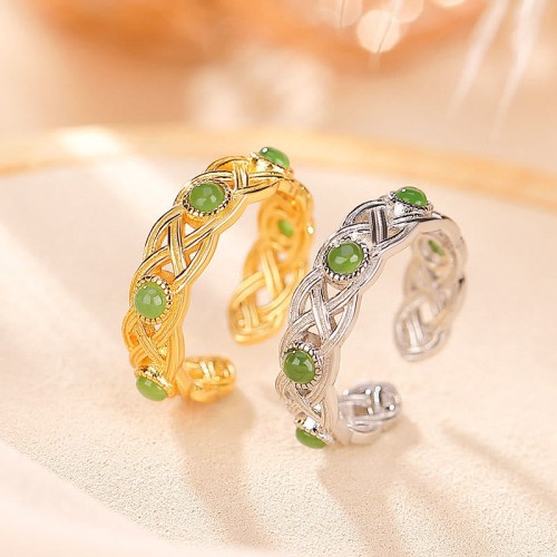 925 Sterling Silver Gold Braided Cyan Jade Ring