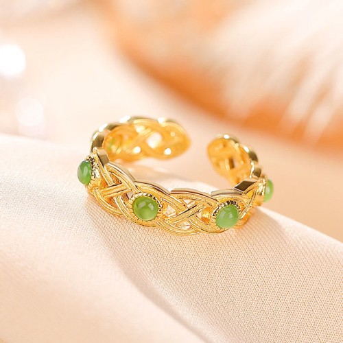 925 Sterling Silver Gold Braided Cyan Jade Ring