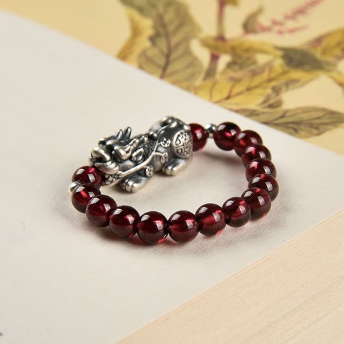 925 Silver Garnet, Moonstone, & PiXiu Wealth Ring 925 Silver Garnet, Moonstone, & PiXiu Wealth Ring